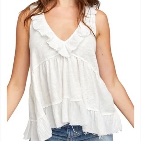 Free People White Ruffle V Neck Flowy Blouse Sz Medium - Picture 1 of 5